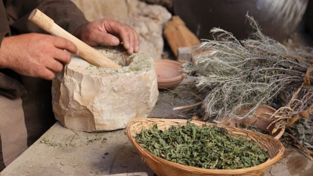 person grinding herbs using mortar and pestle